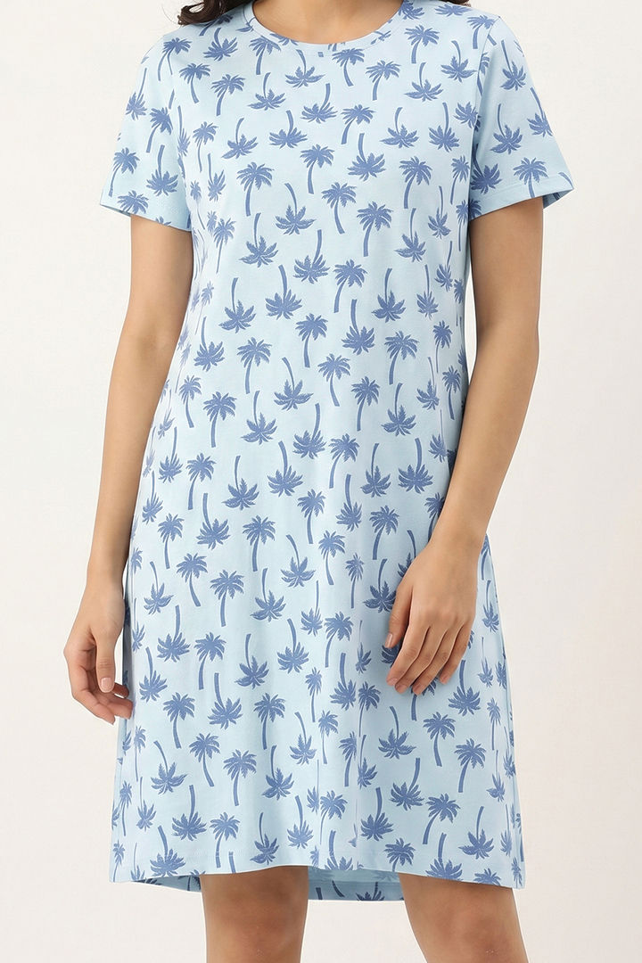 Zivame Farm Lore Knit Cotton Knee Length Nightdress - Nantucket Breeze — image 5